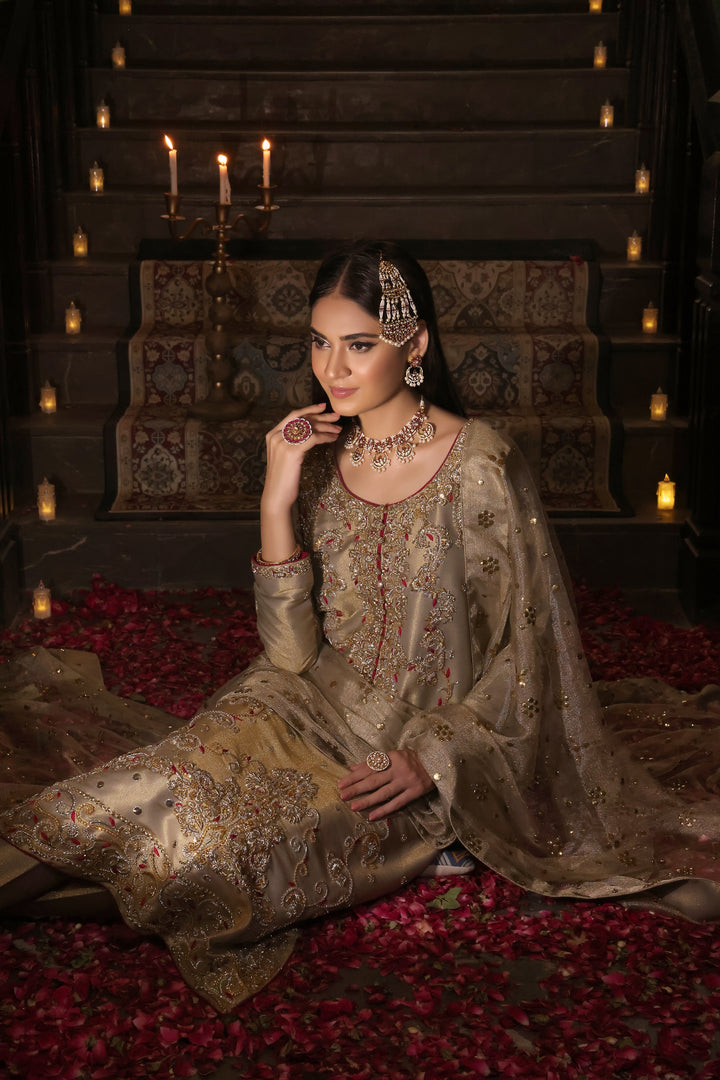 Step into elegance with Palwasha, a long shirt crafted from lamba shimmer tissue adorned with intricate zardozi handwork. Complete with a pure tissue .