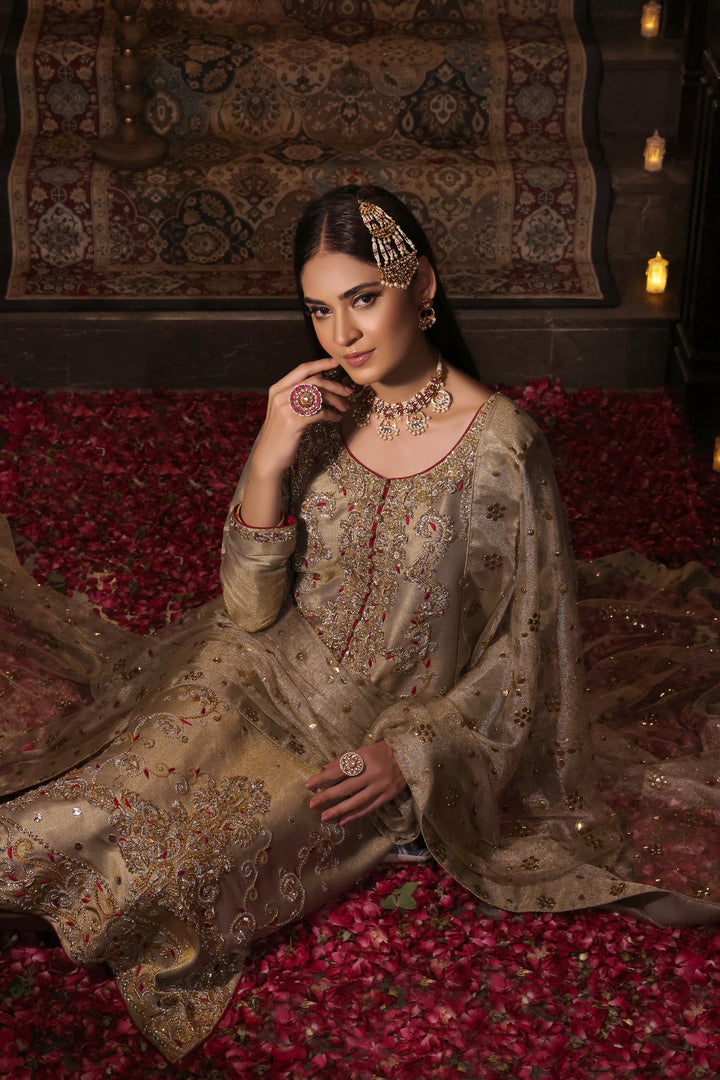 Step into elegance with Palwasha, a long shirt crafted from lamba shimmer tissue adorned with intricate zardozi handwork. Complete with a pure tissue .