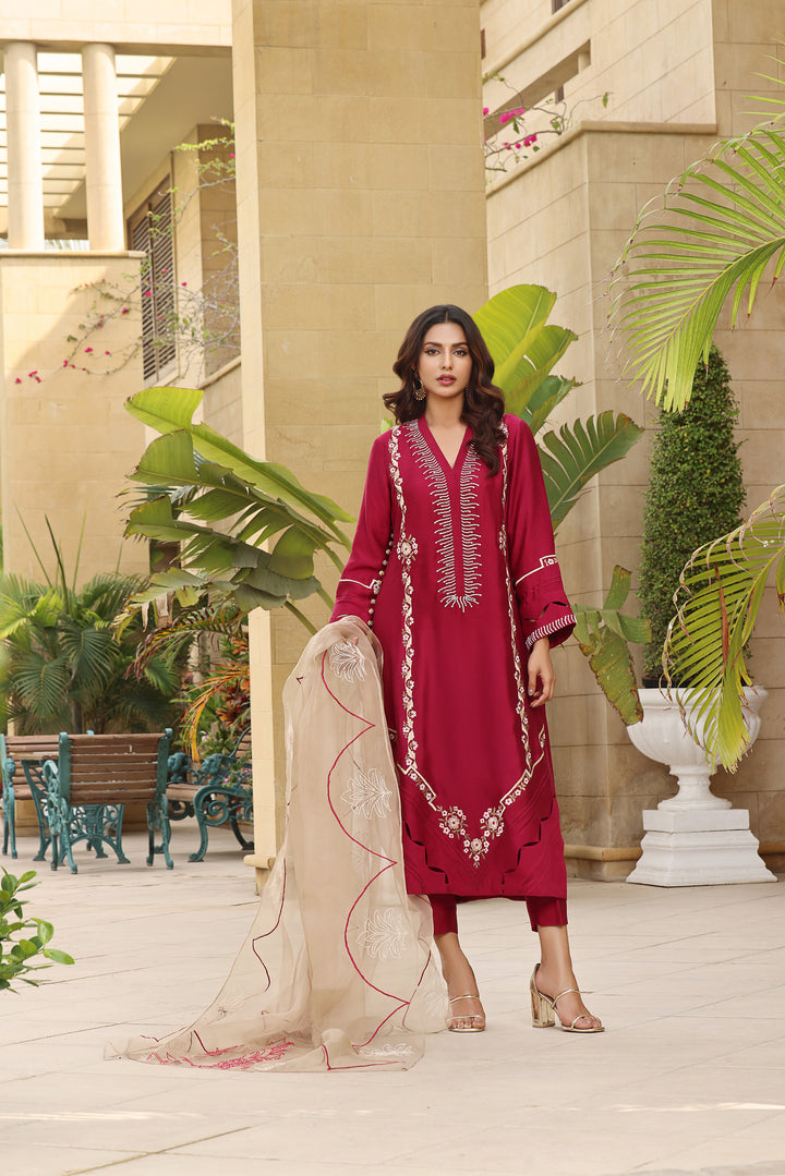 Radiate elegance in CRIMSON. Fusia pink sheesha silk with resham embroidery, diamonte, pearl work, and organza dupatta. Choose pants and shalwar.