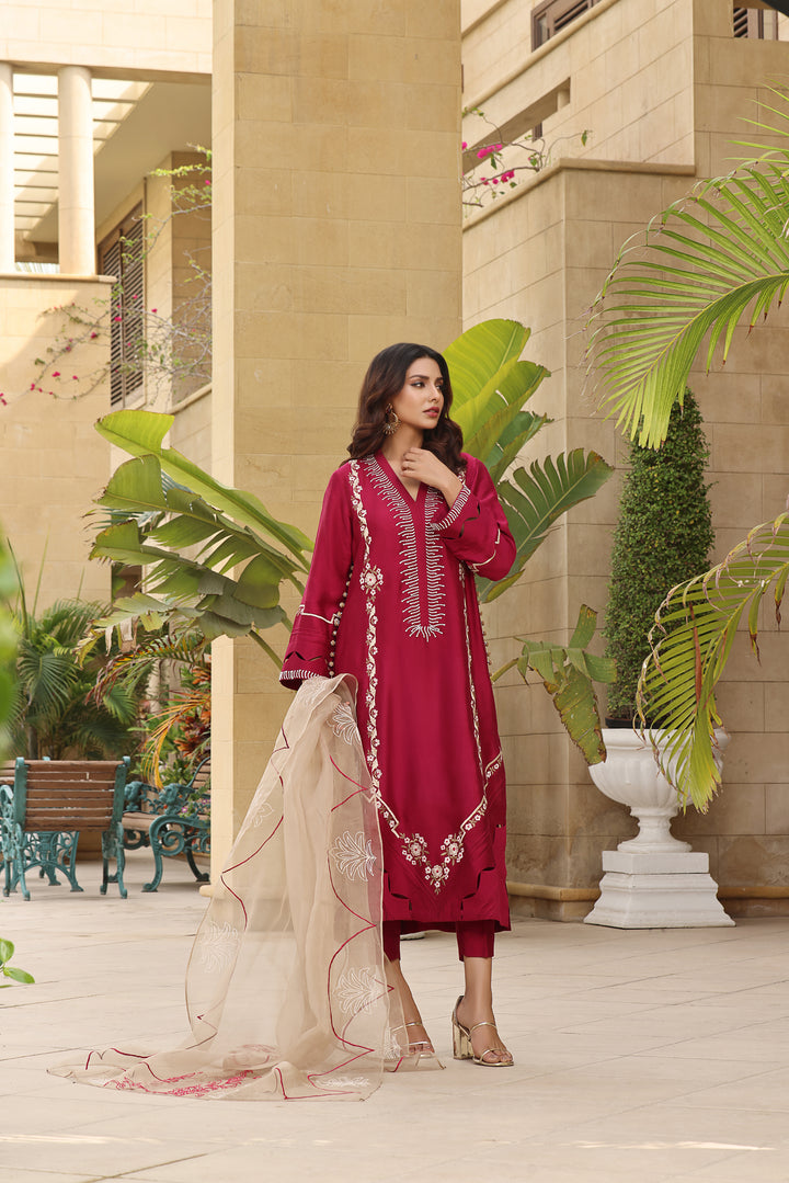 Radiate elegance in CRIMSON. Fusia pink sheesha silk with resham embroidery, diamonte, pearl work, and organza dupatta. Choose pants and shalwar.