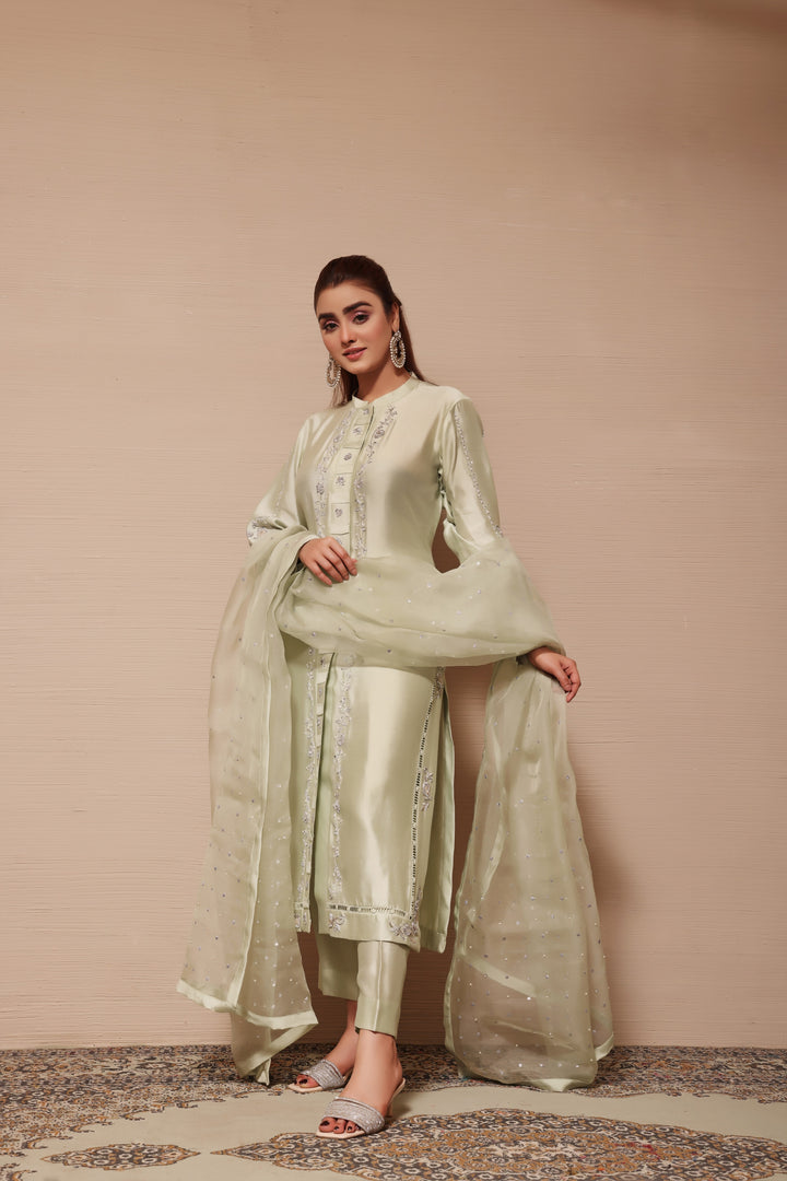  Adorn yourself in mint green sheesha silk with pleats, handmade zardozi in silver kora dapka, and an elegant pure organza dupatta with sequence chan.