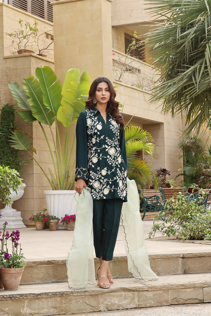 Dazzle in EMERALD, sheesha silk with intricate embroidered stitches and hand-embellished diamonte work. Elevate your elegance this Eid .