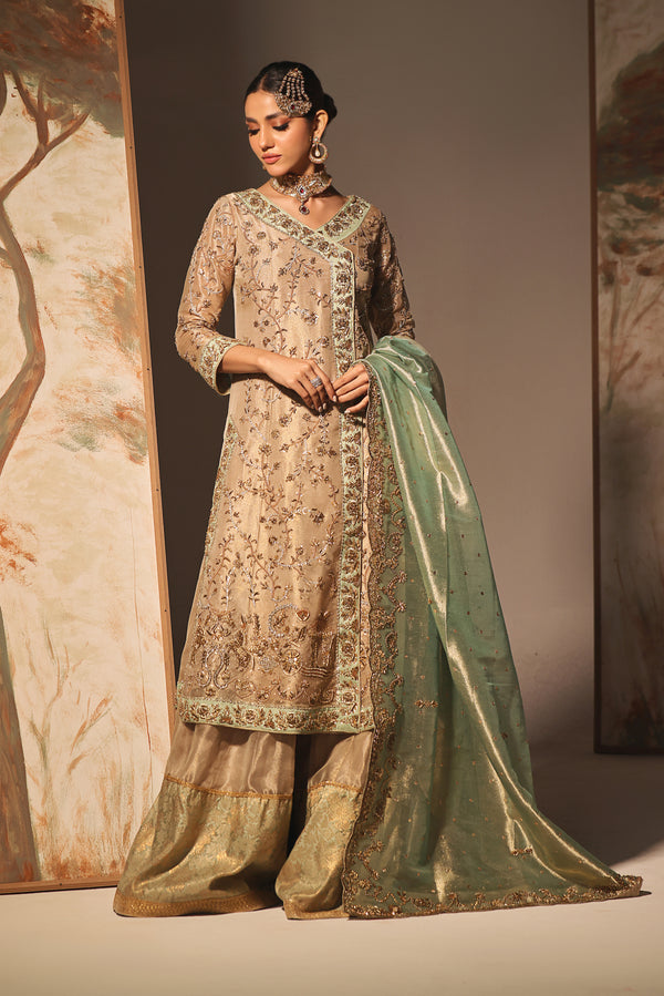 Discover ELYSSA by MONA IMRAN—lambha gold tissue with intricate zardozi, kora dabka, naqshi work. Experience timeless elegance and sophistication.