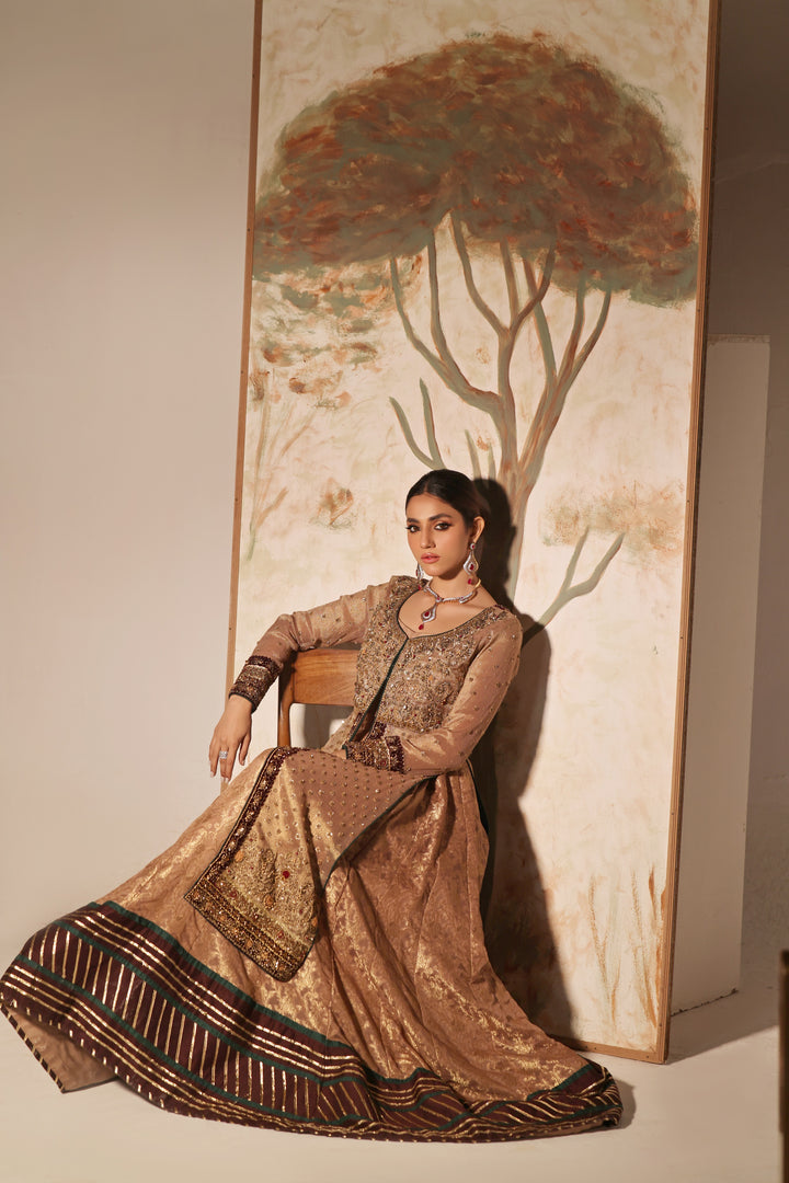 Discover ELLA by MONA IMRAN—pure shimmer khaddi net with velvet zardozi borders, handmade zardori work. Elevate your style with regal sophistication.