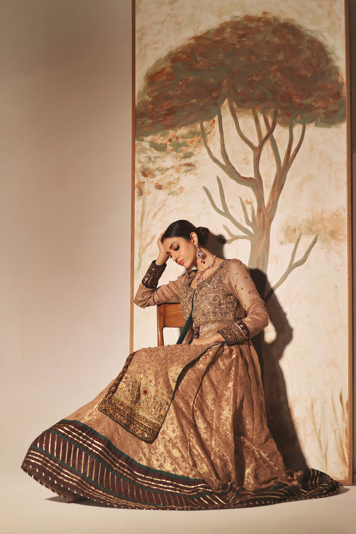 Discover ELLA by MONA IMRAN—pure shimmer khaddi net with velvet zardozi borders, handmade zardori work. Elevate your style with regal sophistication.