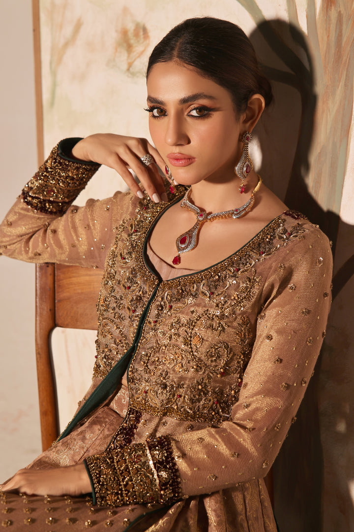 Discover ELLA by MONA IMRAN—pure shimmer khaddi net with velvet zardozi borders, handmade zardori work. Elevate your style with regal sophistication.