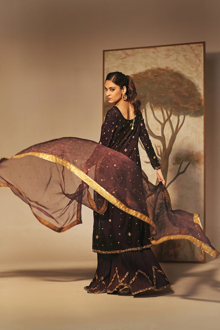  Indulge in luxurious sophistication with Mushk, crafted from French velvet adorned with marori and zardozi work. Complete with crush dhaka pants and a pure organza dupatta.