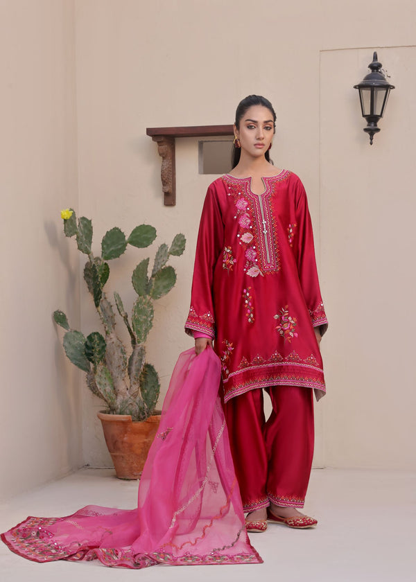 Elevate your wardrobe with BAHAAR. Mona Imran's stunning embroidered outfit with multi-colour resham and delicate stone work. Ideal for captivating elegance.