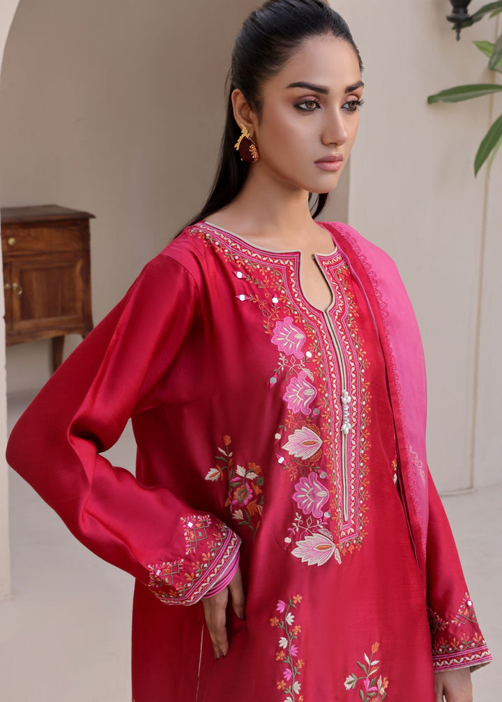 Elevate your wardrobe with BAHAAR. Mona Imran's stunning embroidered outfit with multi-colour resham and delicate stone work. Ideal for captivating elegance.