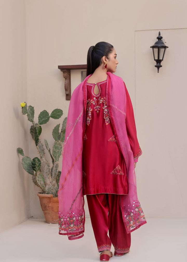 Elevate your wardrobe with BAHAAR. Mona Imran's stunning embroidered outfit with multi-colour resham and delicate stone work. Ideal for captivating elegance.