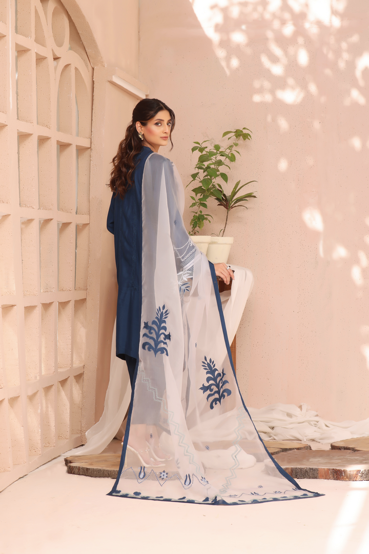  Immerse in the allure of Neelofar's ash-gray embroidery on the shirt, tailored pants, and appliqué-patterned Pure Organza Dupatta for modern sophistication.	.